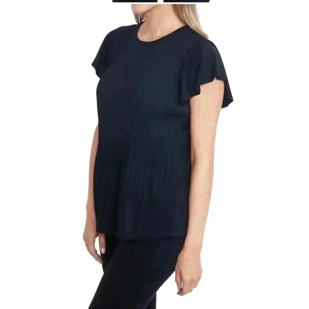 Philosophy Black Pleated Top Medium  Lightweight Short Flutter Sleeve